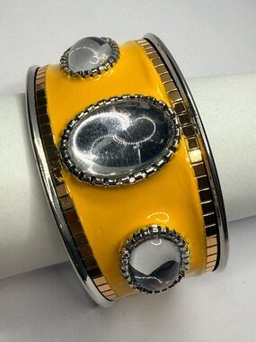 Yellow Enamel Statement Cuff Bracelet with Silver Accents